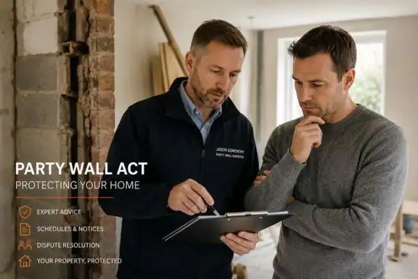 Party wall surveyor Runcorn discussing extension plans with homeowner outside a UK semi-detached house.